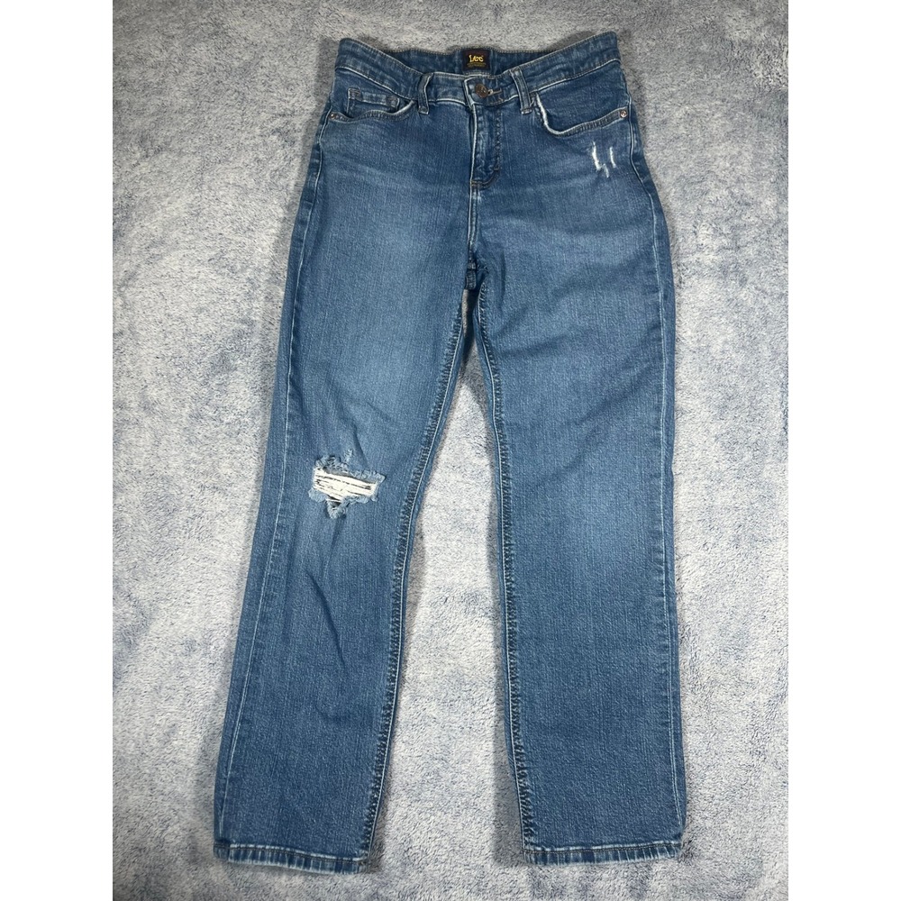 Lee Womens Straight Leg Distressed Jeans Medium Wash Blue Size 6 Medium Stretch